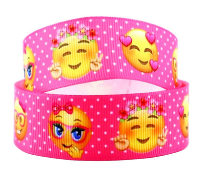 1" Pink Polka Dot Girl Emojis Grosgrain Ribbon. Bright Pink Emoji