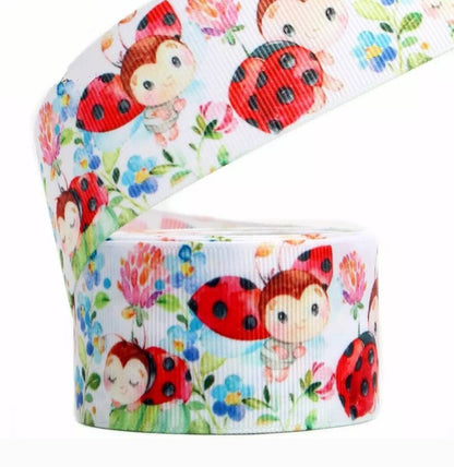 5/8" and 7/8" LadyBug Grosgrain Ribbon. Baby Ladybugs Flower Garden Ribbon