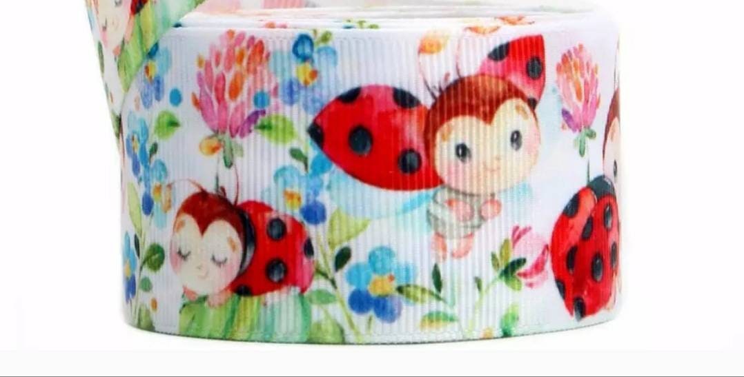 5/8" and 7/8" LadyBug Grosgrain Ribbon. Baby Ladybugs Flower Garden Ribbon