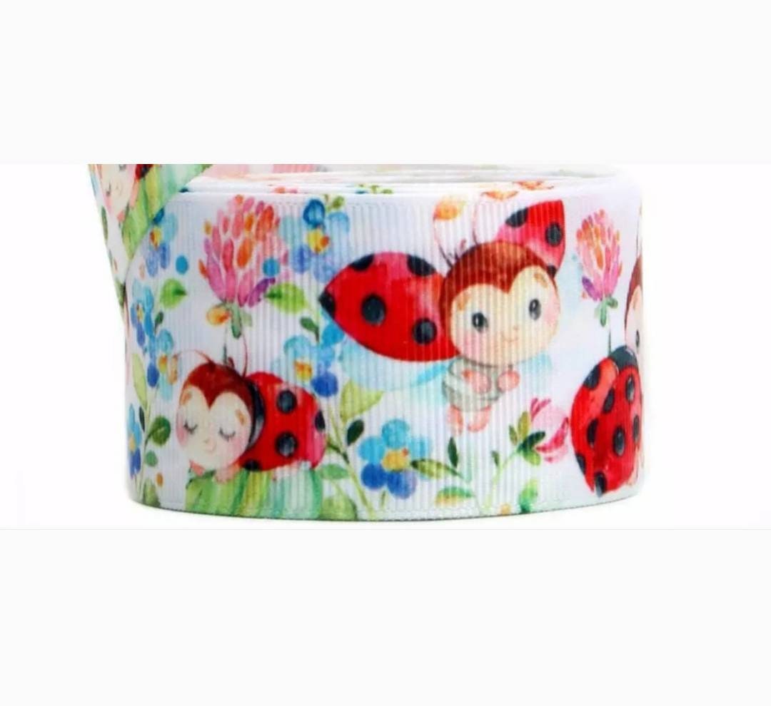 5/8" and 7/8" LadyBug Grosgrain Ribbon. Baby Ladybugs Flower Garden Ribbon