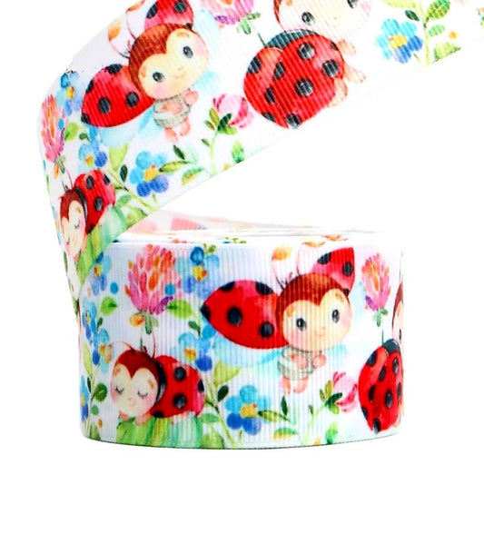 5/8" and 7/8" LadyBug Grosgrain Ribbon. Baby Ladybugs Flower Garden Ribbon