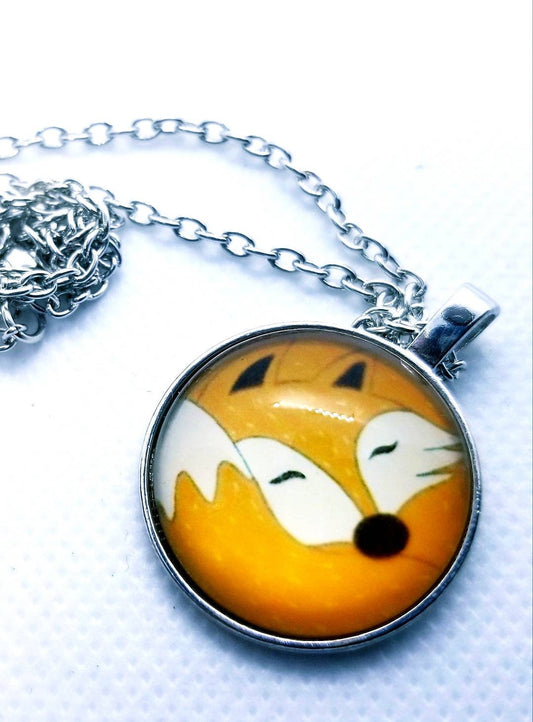 Adorable Fox Necklace.  Dome pendant