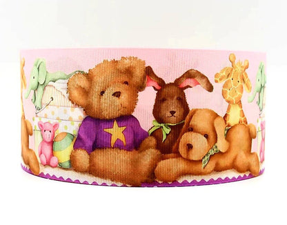 7/8" & 1.5" Plush Teddy Bear & Friends Grosgrain Ribbon. Nursery Room Stuff Toy Ribbon. Baby Shower Ribbon. Diaper Cake Ribbon. Giraffe