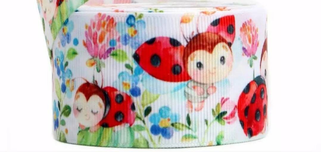 5/8" and 7/8" LadyBug Grosgrain Ribbon. Baby Ladybugs Flower Garden Ribbon