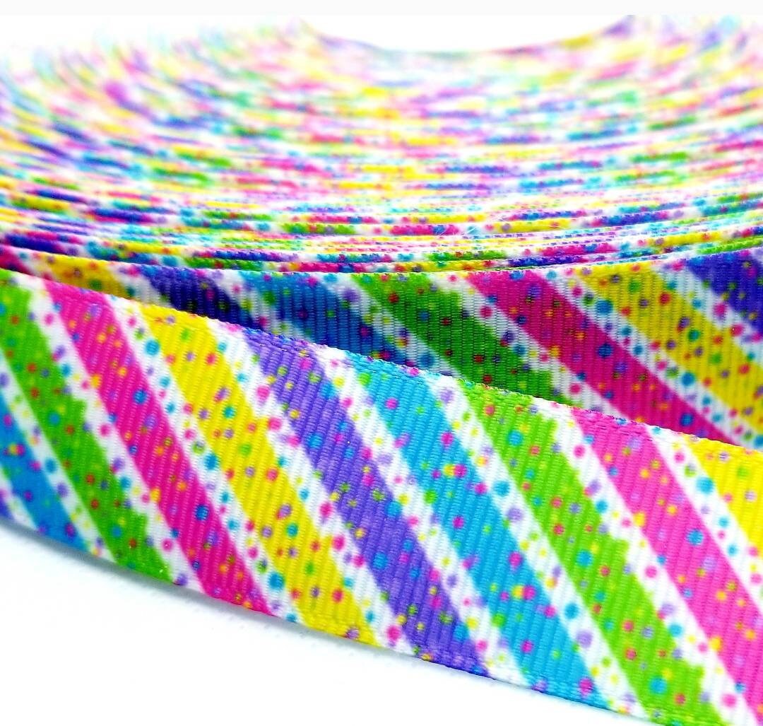 7/8" Easter Stripes with Confetti Bright Colorful grosgrain ribbon. Easter Ribbon