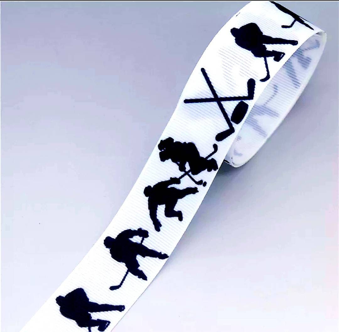 7/8" Hockey Grosgrain Ribbon. NHL Hockey Sports Team Ribbon. Hockey Puck Hockey Sticks