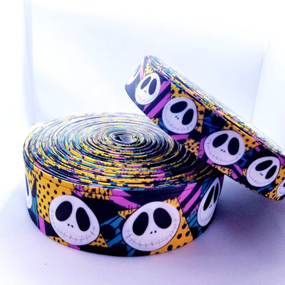 7/8" and 1.5" Jack Skellington with Rag Doll Sally Background Grosgrain Ribbon. Jack and Sally Halloween Nightmare Before Christmas Ribbon.