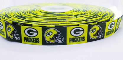 7/8" Green Bay Packers  Grosgrain Ribbon in Neon Bright Yellow. NFL Football Sports Ribbon.