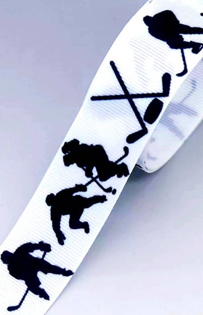 7/8" Hockey Grosgrain Ribbon. NHL Hockey Sports Team Ribbon. Hockey Puck Hockey Sticks