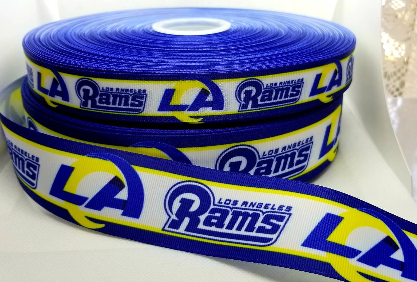 7/8" & 1.5" Los Angeles Rams Grosgrain Ribbon. NFL Football Sports Team Ribbon Gold Los Angeles Rams