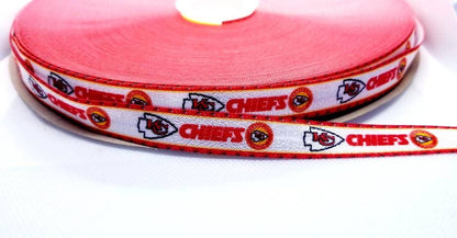 5/8" Elastic Kansas City Chiefs Football Ribbon. Stripes on ends to showcase ribbon. Football Ribbon NFL Sports Ribbon