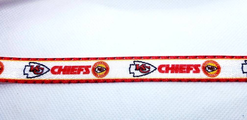 5/8" Elastic Kansas City Chiefs Football Ribbon. Stripes on ends to showcase ribbon. Football Ribbon NFL Sports Ribbon