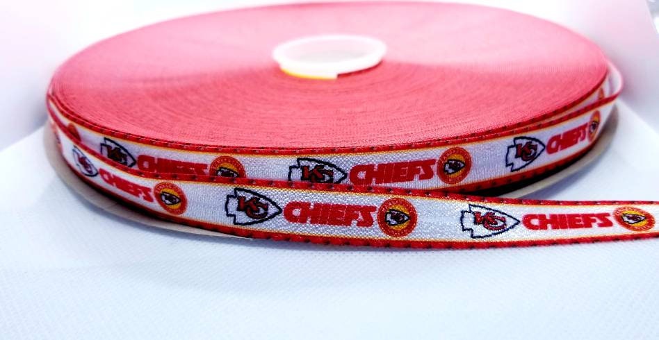 5/8" Elastic Kansas City Chiefs Football Ribbon. Stripes on ends to showcase ribbon. Football Ribbon NFL Sports Ribbon