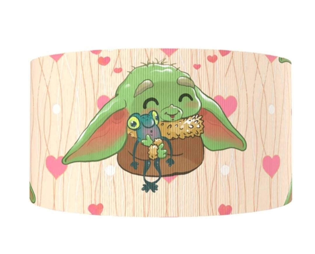 1.5" Baby Girl Alien Star Wars Grosgrain Ribbon Baby Yoda with  Frog and Pink Hearts Background