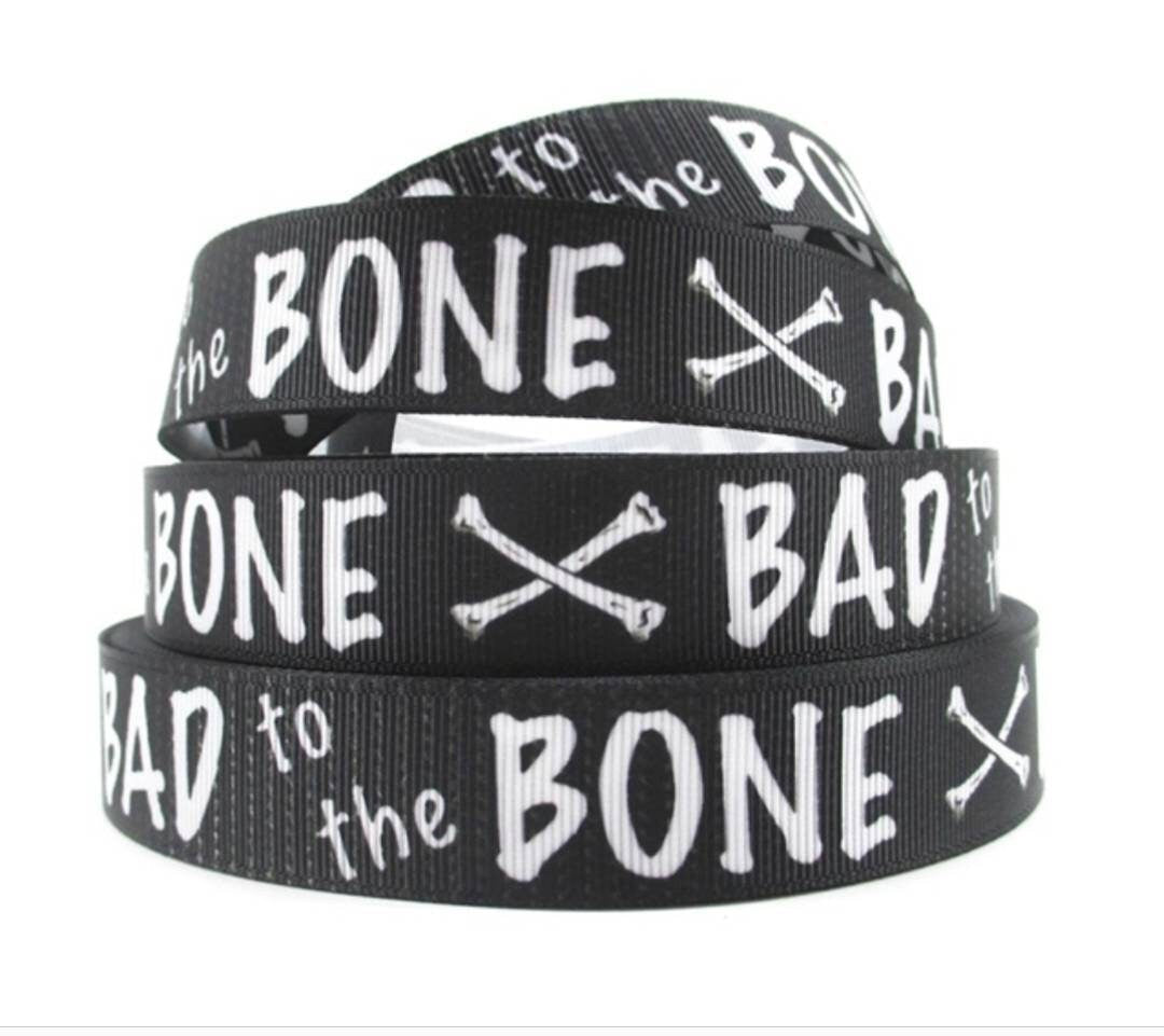 7/8" Bad to the Bone Black Grosgrain Ribbon. Dog Ribbon