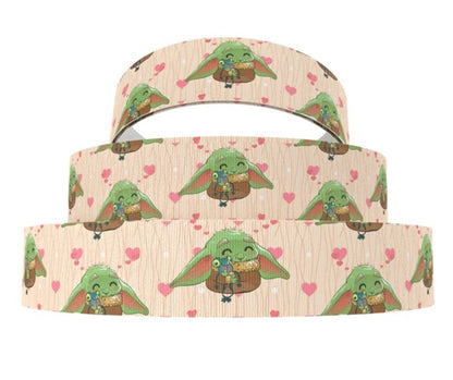 1.5" Baby Girl Alien Star Wars Grosgrain Ribbon Baby Yoda with  Frog and Pink Hearts Background