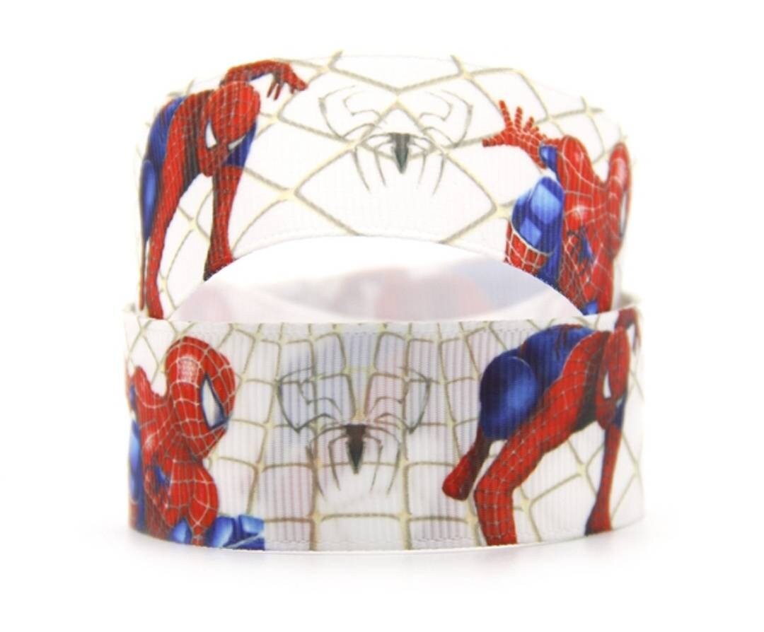 1" Spiderman Ribbon. Spiderman Hero with Spider Web, DC Super Heroes Grosgrain Ribbon