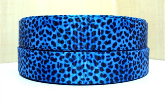 7/8" Blue Leopard Cheetah Animal Print Grosgrain Ribbon.