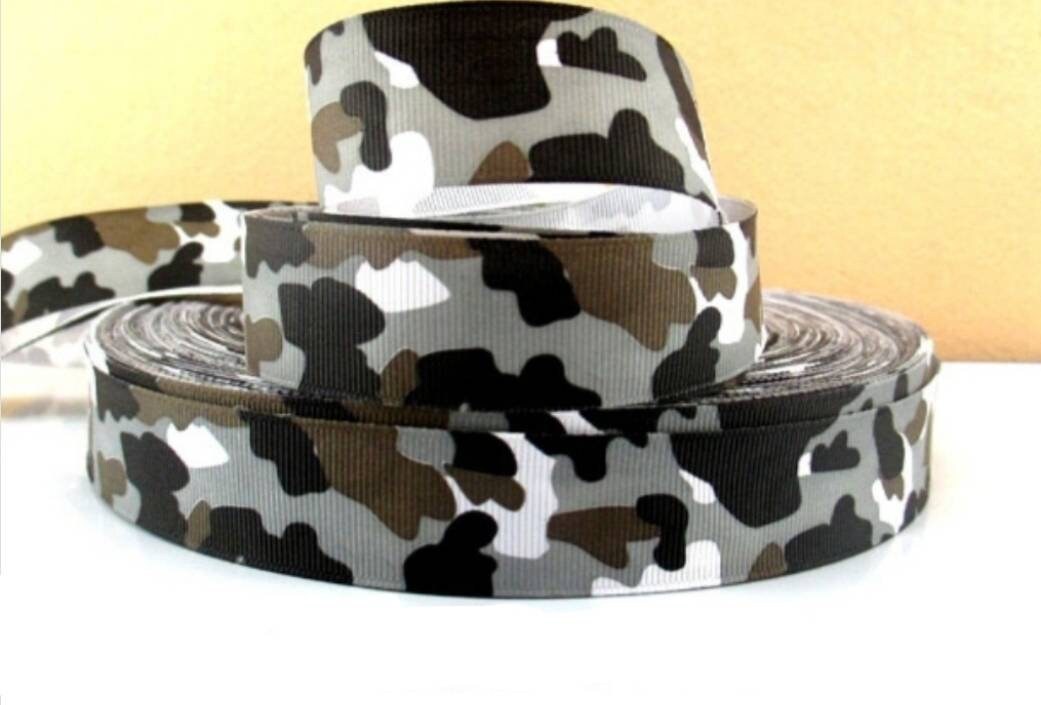 1" Grey and White Camouflage Ribbon. Camo Grosgrain Ribbon.