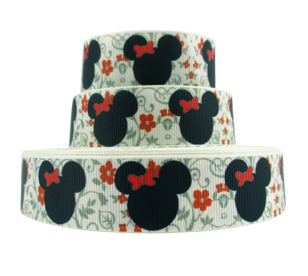 1" Minnie Mouse with Red Bows and Red Flowers Grosgrain Ribbon. Holiday Ribbon