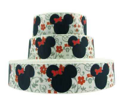 1" Minnie Mouse with Red Bows and Red Flowers Grosgrain Ribbon. Holiday Ribbon