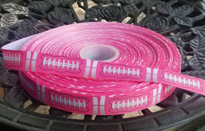 7/8" Pink Football Ball Design Grosgrain Ribbon. NFL Football Sports Ribbon. College Football University Football. Football Party Themed