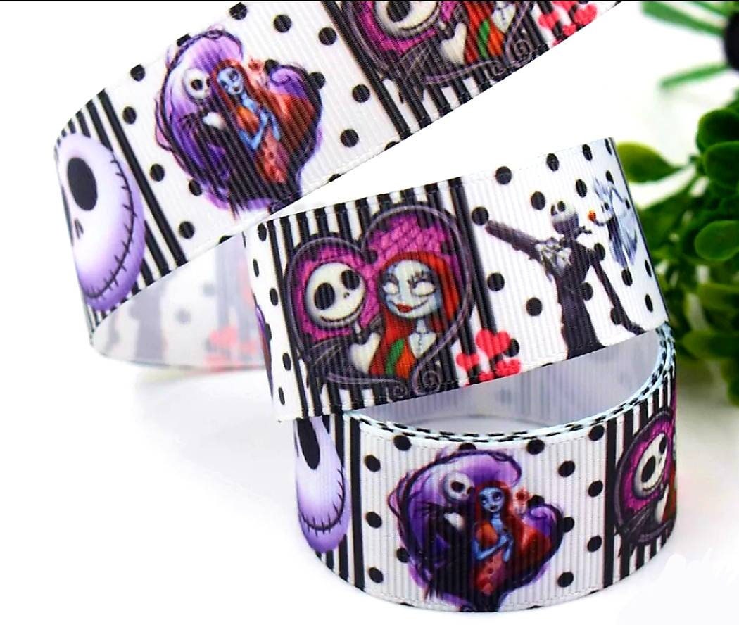 7/8" Jack Skellington and Rag Doll with Zero Dog Grosgrain ribbon. Halloween, Nightmare Before Christmas Ribbon.