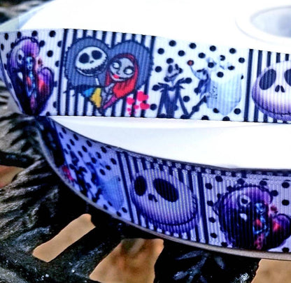 7/8" Jack Skellington and Rag Doll with Zero Dog Grosgrain ribbon. Halloween, Nightmare Before Christmas Ribbon.