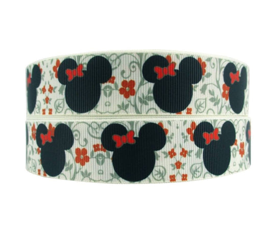 1" Minnie Mouse with Red Bows and Red Flowers Grosgrain Ribbon. Holiday Ribbon