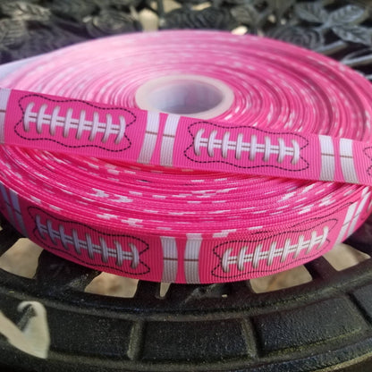 7/8" Pink Football Ball Design Grosgrain Ribbon. NFL Football Sports Ribbon. College Football University Football. Football Party Themed