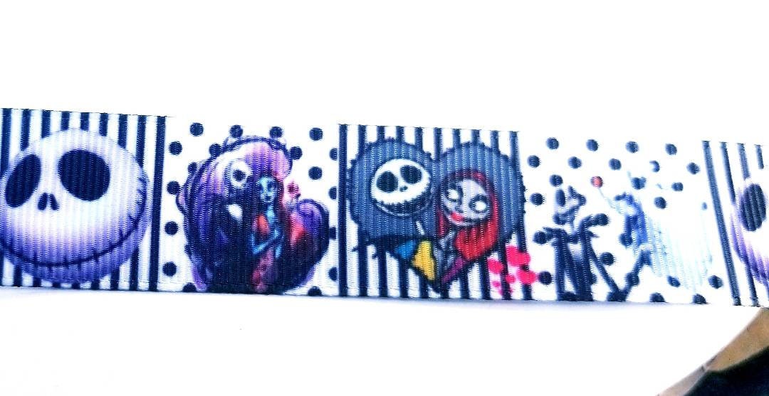 7/8" Jack Skellington and Rag Doll with Zero Dog Grosgrain ribbon. Halloween, Nightmare Before Christmas Ribbon.