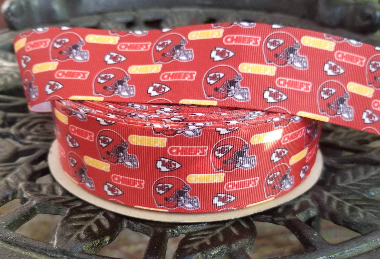 1.5" Kansas City Chiefs Football Grosgrain Ribbon. Football Ribbon, NFL Sports Ribbon. KC Ribbon