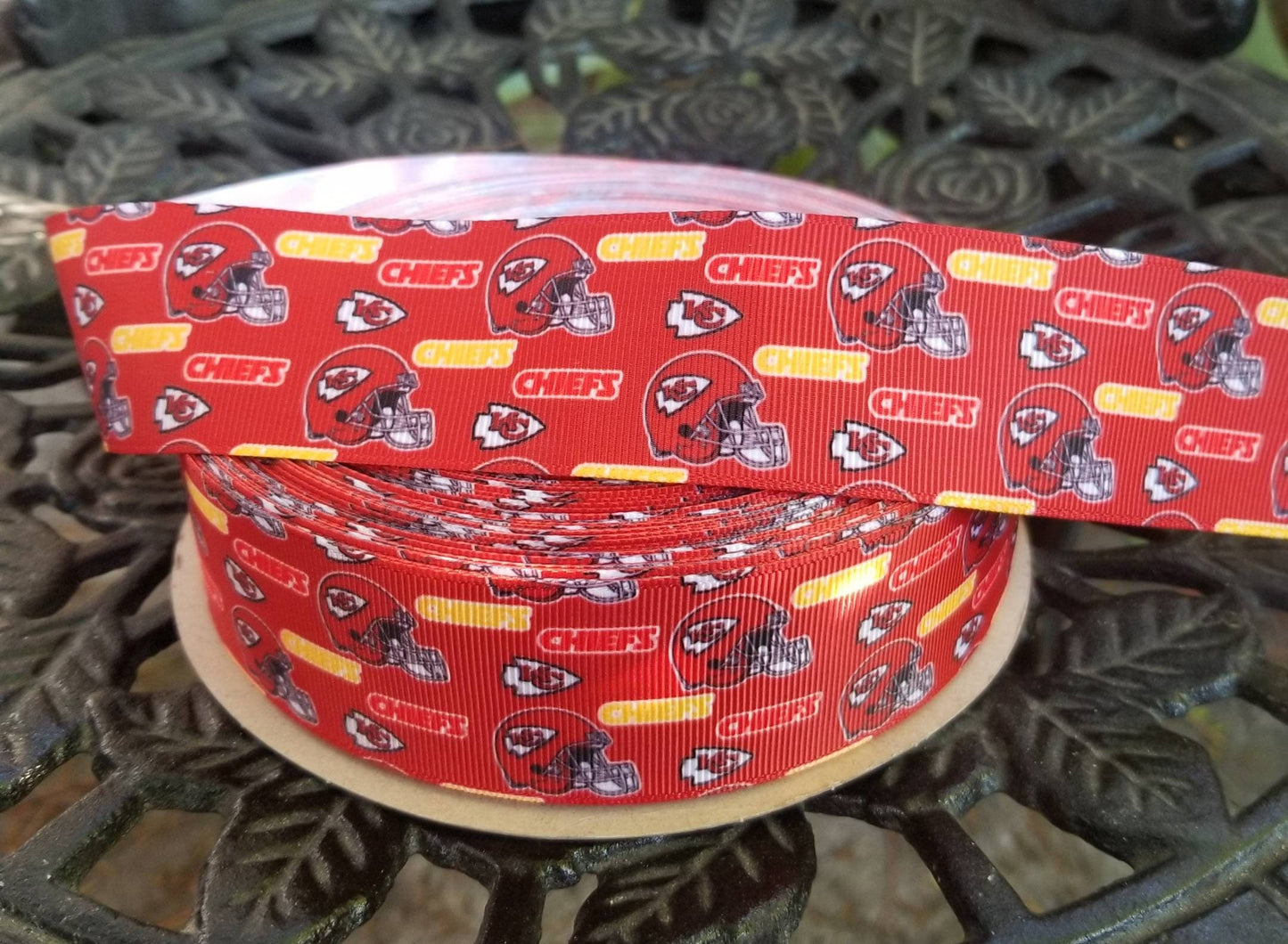 1.5" Kansas City Chiefs Football Grosgrain Ribbon. Football Ribbon, NFL Sports Ribbon. KC Ribbon