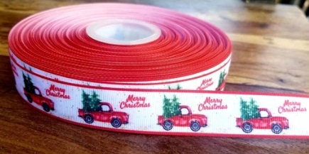 7/8" Christmas Truck Merry Christmas Tree Holiday Ribbon