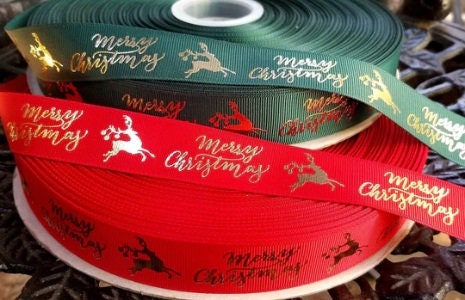 1" Christmas Reindeer Merry Christmas Gold Foil Holiday Ribbon