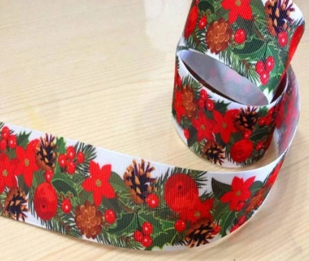 5/8" or 7/8" or 1.5" Christmas Garland Poinsettia Pine Cones Holiday Ribbon