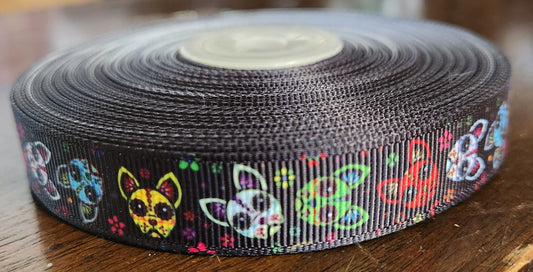 8 yards in stock - 5/8" Chihuahua Sugar Skull Dog Ribbon