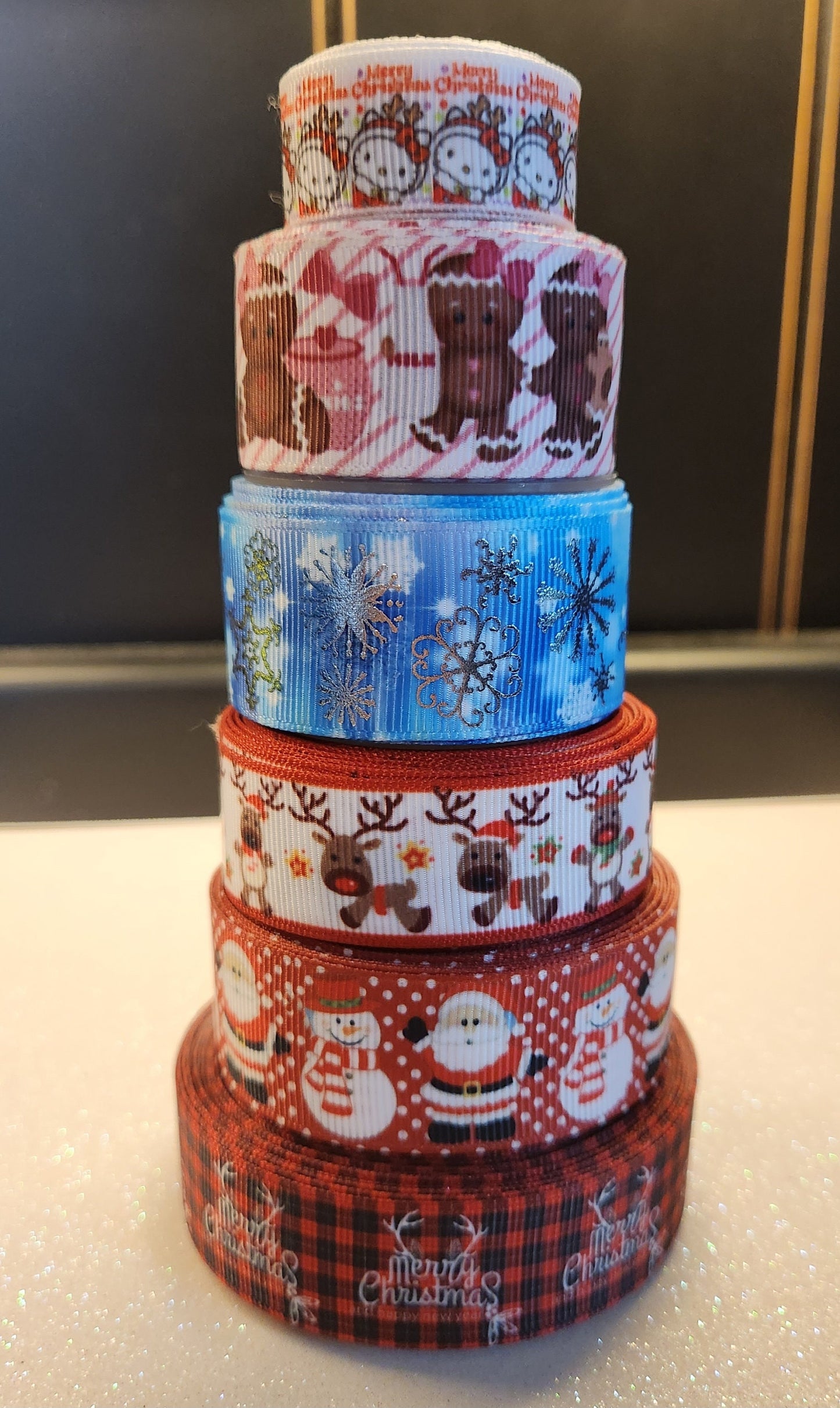 5/8" or 7/8" or 1" Christmas Santa Claus Snowman Reindeer Gingerbread Kitty Holiday Ribbon Sold by Yard