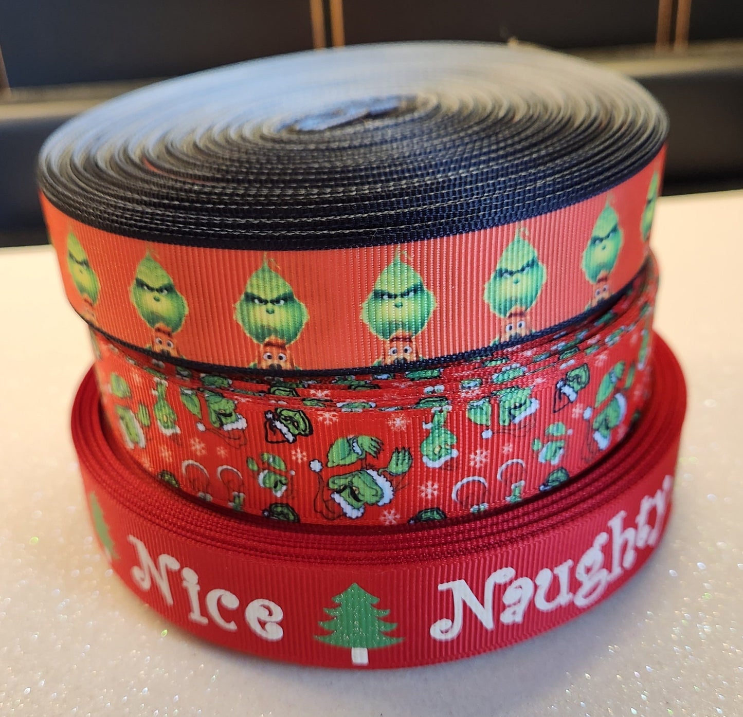 6 yards in stock - Naughty Nice - 7/8" Christmas Green Grouch Cartoon Holiday Ribbon