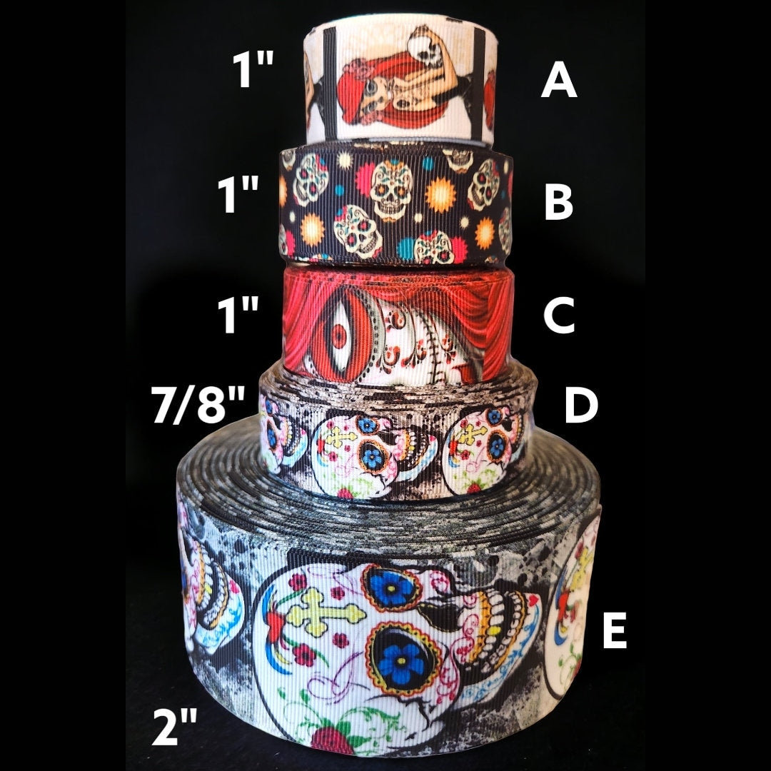 7/8" or 1" or 2" Halloween Sugar Skulls Day of the Dead Holiday Ribbon