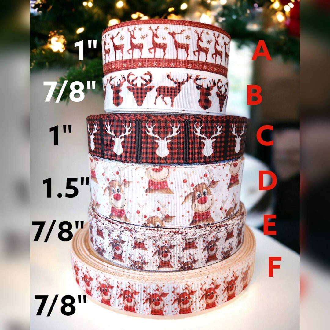 7/8" or 1" or 1.5" Christmas Reindeer Red Nose Holiday Ribbon