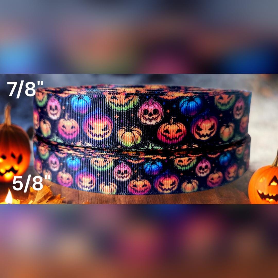 5/8" or 7/8" Halloween Rainbow Pumpkins Holiday Ribbon